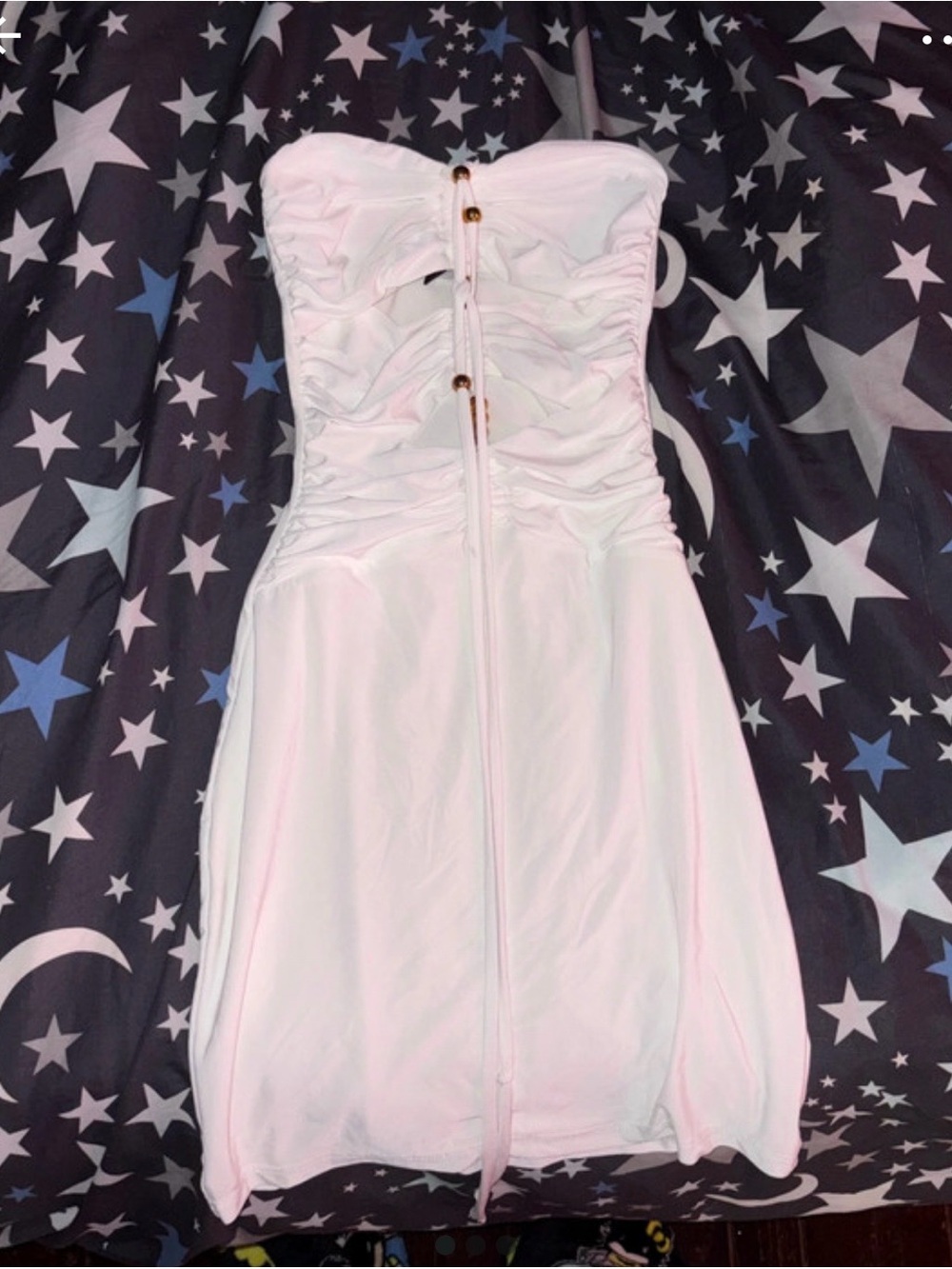 Strapless Pale Pink Ruched Front Mini Dress with Tie Detail